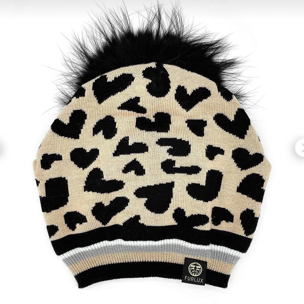 FURLUX Leopard Print Real Fur Pom Pom Beanie Hat Grey Women’s One Size Like New